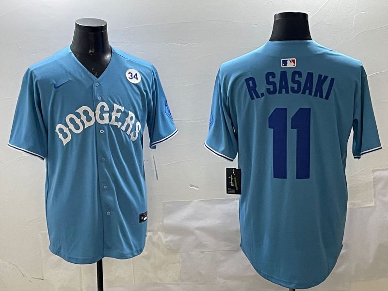 Men Los Angeles Dodgers #11 R.Sasaki Light Blue Joint Name 2025 Nike MLB Jersey style 19